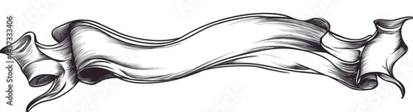 Obraz Vector ribbon banner, a simple line art drawing with black ink outlines on a white background,
