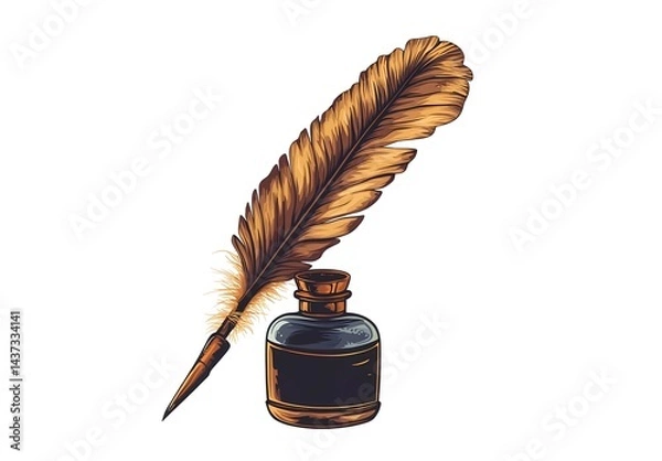 Obraz Black ink quill pen and feather with an old writing pot, vector woodcut engraving