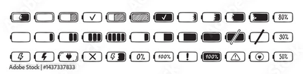 Fototapeta Mobile battery doodle Hand drawn set. Collection pen ink pencil drawing sketches connection indicator isolated. low or high energy charge