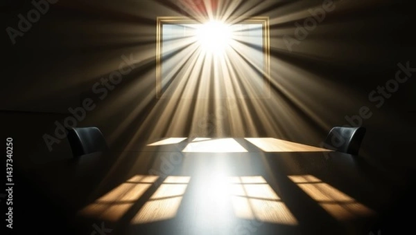 Fototapeta Sunlight Streaming Through Window And Illuminating Table In Dark Room Creating Dramatic Atmosphere