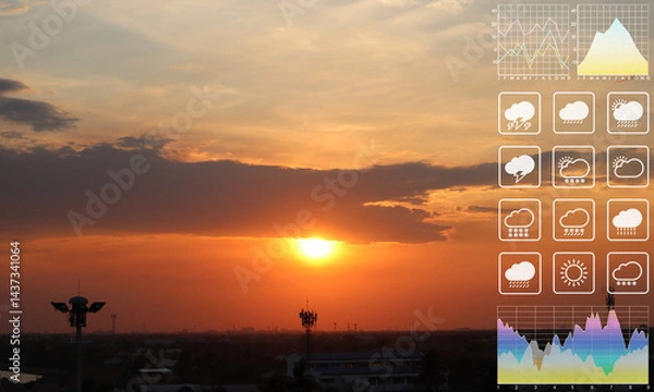 Fototapeta Weather forecast data symbol with graph and chart show aerial view of sunset image on dramatic tropical summer twilight sky and clouds background.
