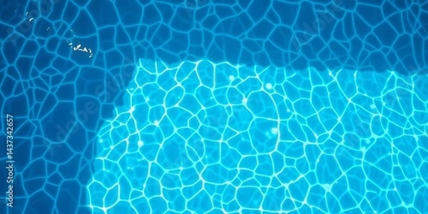 Fototapeta Overhead view of a swimming pool's shimmering, rippling bottom, sunlit water surface texture, waves, blue
