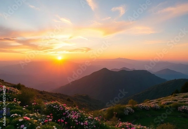 Fototapeta Pastel sunrise over blooming mountain valley, serene spring landscape, nature, sunrise