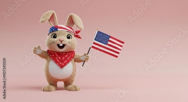 Obraz Patriotic bunny cartoon character waves American flag celebrating independence day with stars and stripes design against a pink background