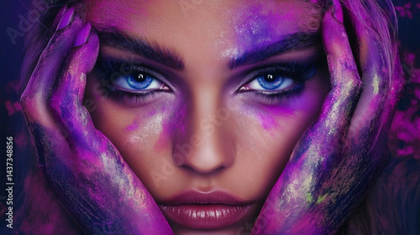 Fototapeta  Woman's face with purple paint and intense blue eyes