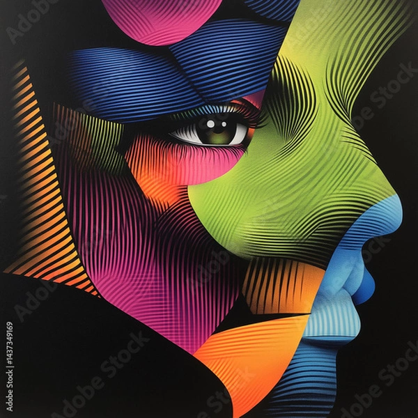 Fototapeta Abstract colorful face with wavy lines on dark background