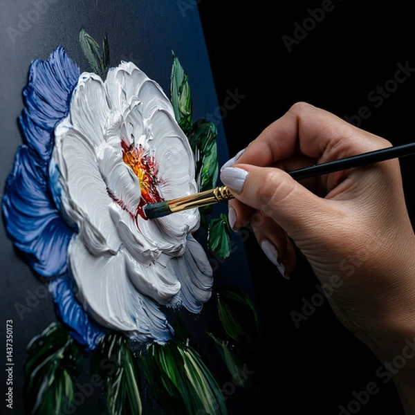 Fototapeta Hand painting textured white flower on canvas