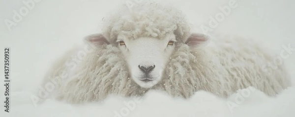 Fototapeta Front close-up of a sheep resting in winter snow, farm scene, agriculture