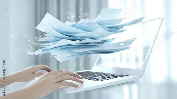 Obraz Creative digital representation of document flow from laptop screen