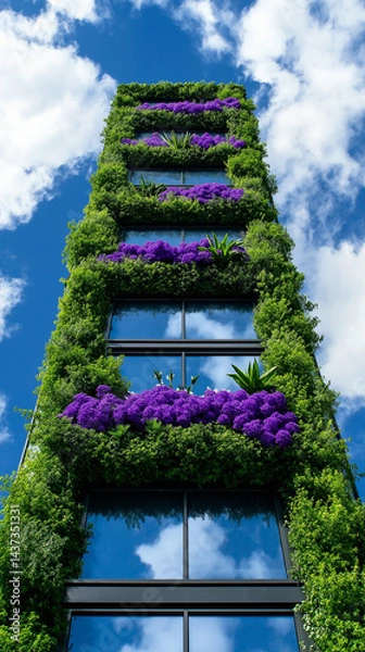 Fototapeta Modern eco building with green walls and purple flowers
