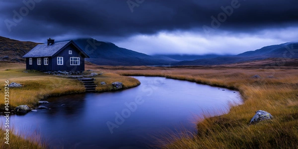 Fototapeta Lonely cabin by river under stormy sky in remote valley