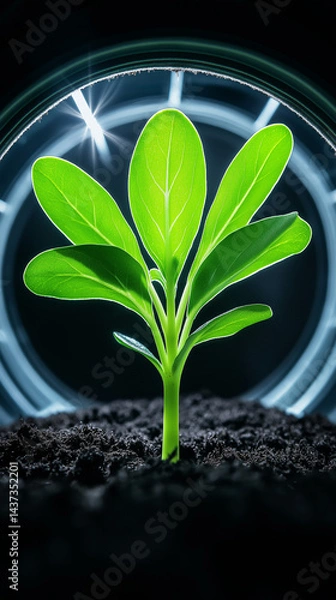 Fototapeta Young green plant sprouting under futuristic artificial light