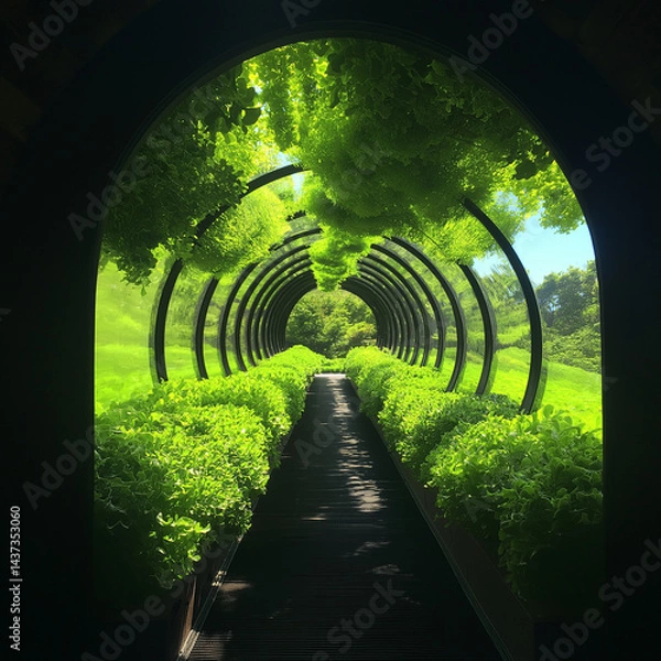 Fototapeta Green tunnel with plants and sunlight in sustainable garden