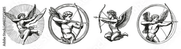 Fototapeta Vintage Illustrations of Cherubs with Bows and Arrows for Love Themes, Logo Design, Hand drawing Engraving, Vector Illustration Isolated Object