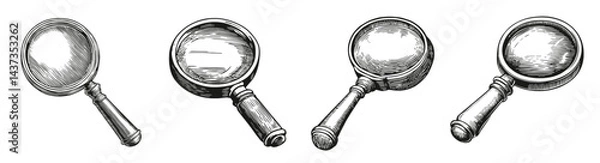 Fototapeta Vintage Magnifying Glass Collection in Sketch Style Artwork, Logo Design, Hand drawing Engraving, Vector Illustration Isolated Object