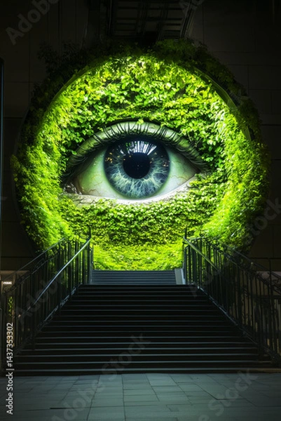 Fototapeta Green eye surrounded by leaves in urban environment