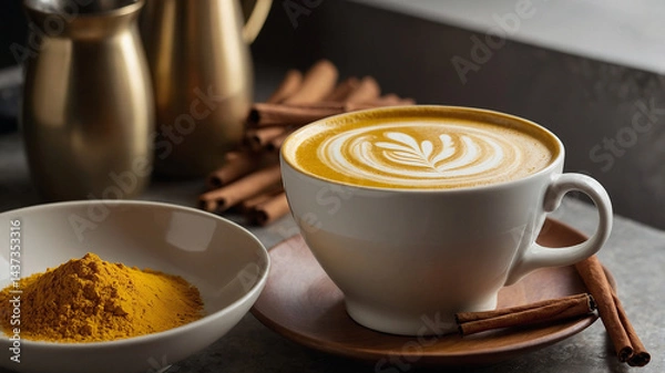 Obraz Centerpiece Mug of Vibrant Golden Latte A bold yellow turmeric latte is served in a plain white ceramic mug positioned exactly in the center. The latte is topped with a delicate foam design 