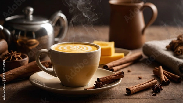 Obraz Centerpiece Mug of Vibrant Golden Latte A bold yellow turmeric latte is served in a plain white ceramic mug positioned exactly in the center. The latte is topped with a delicate foam design 