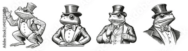 Fototapeta Illustration of Frogs in Classy Attire with Top Hats and Bowties, Logo Design, Hand drawing Engraving, Vector Illustration Isolated Object