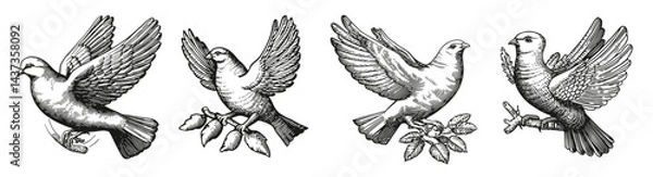 Fototapeta Vintage Illustrations of Diverse Birds in Various Flying Poses, Logo Design, Hand drawing Engraving, Vector Illustration Isolated Object