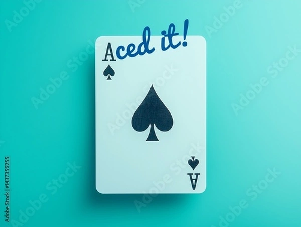 Fototapeta An ace of spades card isolated on a light teal background with handwritten “aced it” motto as a concept image of success. Copyspace for text edits