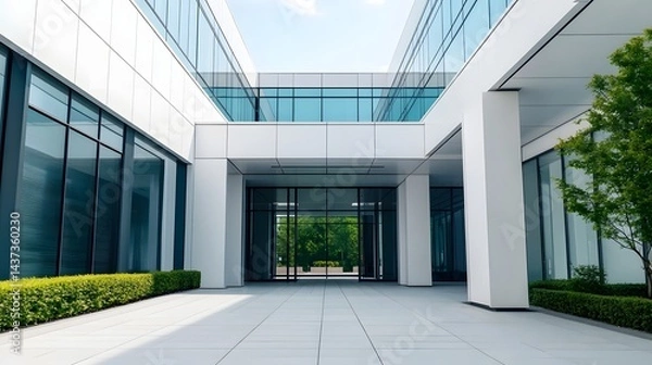 Obraz Modern Corporate Office Building with Futuristic Architecture and Lush Landscape