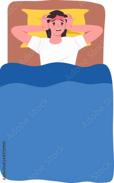 Obraz woman lying in bed holding head with hands suffering of Insomnia due to headache pain and stress 
