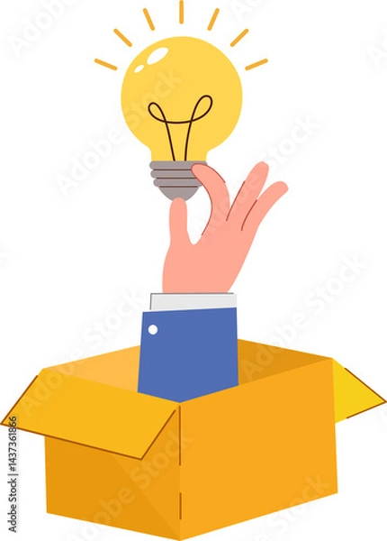 Obraz hand holding idea bulb emerging from a cardboard box creativity, inspiration and innovative idea vector illustration