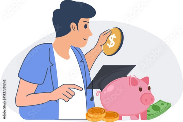 Obraz graduate student with piggy bank saving for future education expenses vector illustration