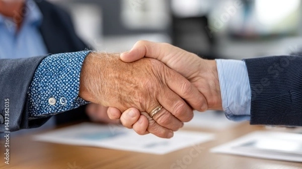 Fototapeta Businessmen shaking hands, signifying a deal