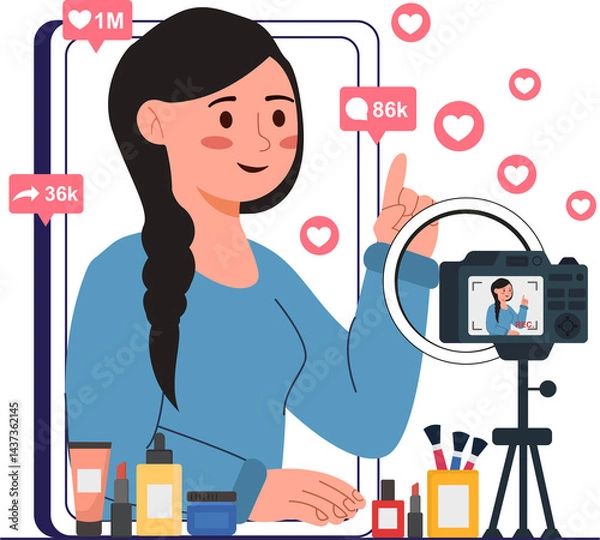 Fototapeta social media content creator with a camera creating content for online engagement vector illustration