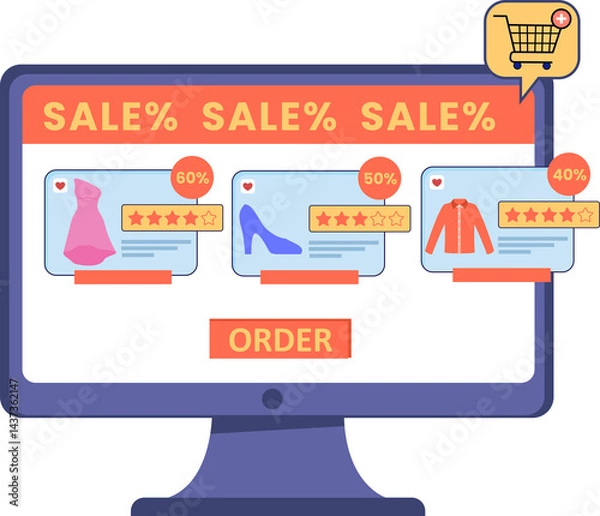 Obraz online shopping on internet marketplace browsing for sale items store sale promotion vector illustration