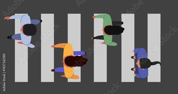 Obraz people walking across the zebra crossing Top view vector illustration.