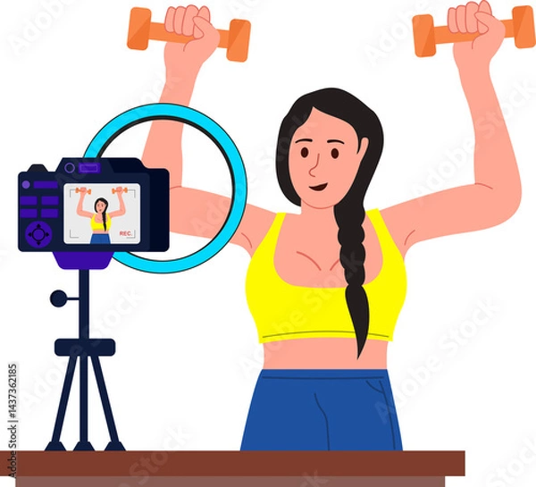 Obraz social media influencer recording fitness video with mobile phone online yoga class at home