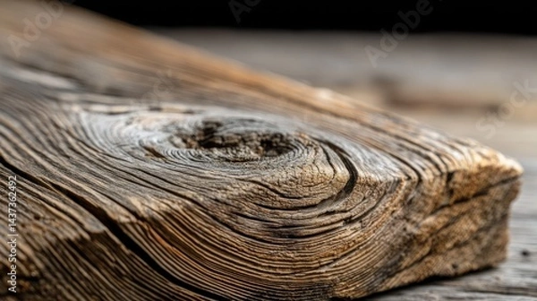 Fototapeta Close-up of weathered wood plank, showing intricate grain patterns and knots