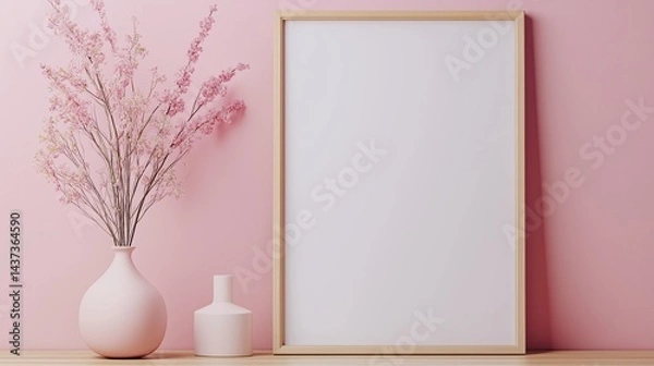 Fototapeta Minimalist Pink Wall Decor with Blossoming Branches and Blank Frame
