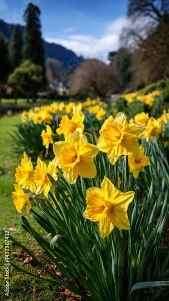 Fototapeta Bright yellow daffodils bloom in a lush garden setting, with mountains in the background