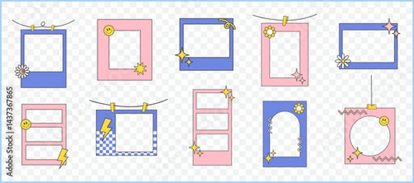 Obraz Retro cute pink purple polaroid photo frames background vector set collection. Doodle frame polaroid border element vector illustration