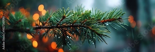Fototapeta Close-up of a pine branch covered in raindrops, with blurred background lights