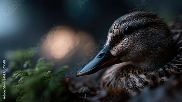 Fototapeta Close-Up of a Duck – Detailed Feathers and Intense Eyes in Low-Key Lighting