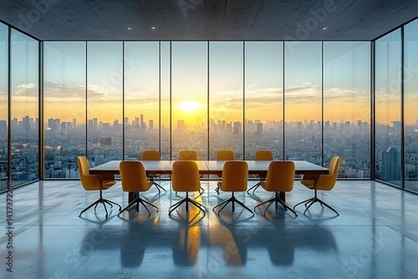 Obraz A modern office room with large windows overlooking the city, featuring glass walls and white concrete floors. A conference table is set up in front of the window for an outdoor meeting. 