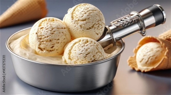 Fototapeta Creamy scoops of ice cream in a bowl with cones