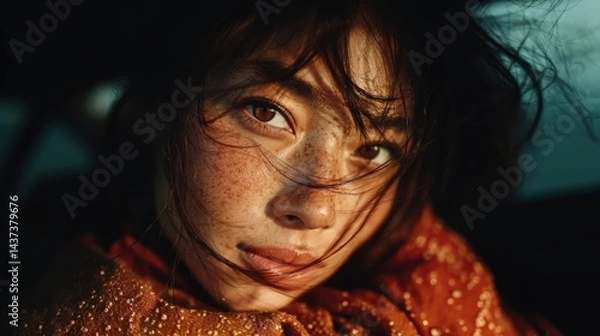 Obraz Cinematisches Porträt einer attraktiven Frau mit Sommersprossen und intensivem Blick, Cinematic portrait of an attractive woman with freckles and intense gaze