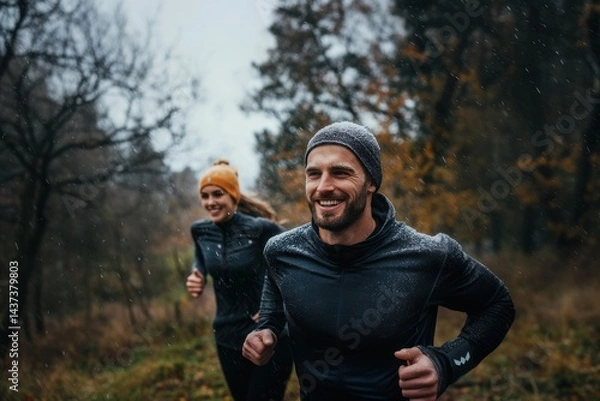 Obraz Glückliches Paar beim Joggen im Park an einem kalten Wintertag, Happy couple jogging in the park on a cold winter day