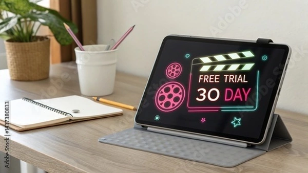 Fototapeta Free trial 30 day vector showing a short video creation app on a tablet with a holographic shell, the app icon a reel key with neon frames