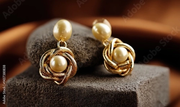 Fototapeta Elegant gold-toned pearl earrings on dark stones
