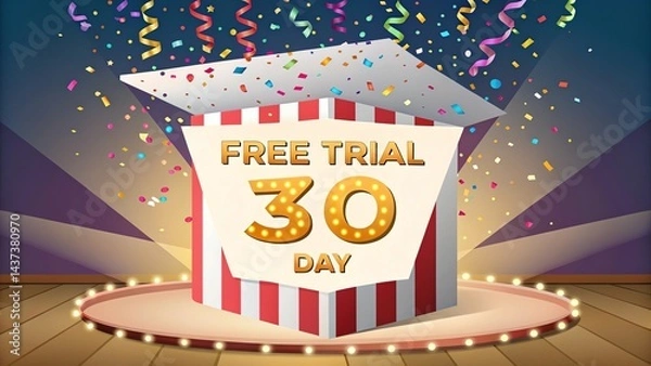 Fototapeta Free trial 30 day vector showing a cheerful gift box opening with confetti in rainbow colors