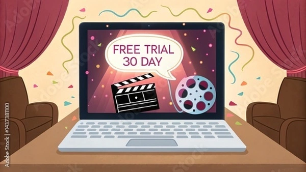 Fototapeta Free trial 30 day vector of a cheerful laptop screen with a video streaming app