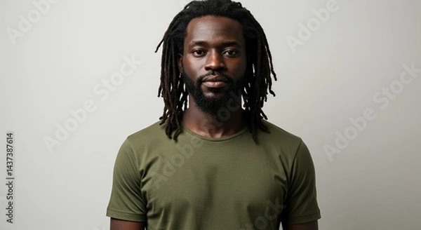 Fototapeta Portrait of a serious Black man with dreadlocks wearing a olive green t-shirt against a neutral background.