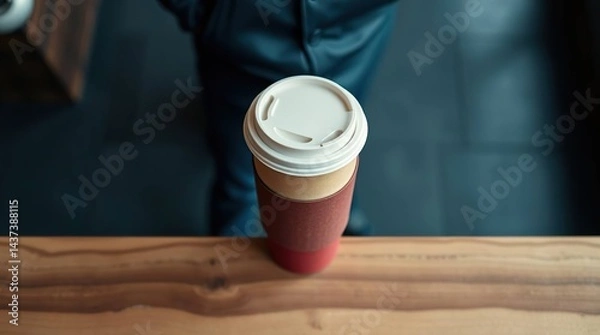 Obraz Disposable coffee cup on a wooden table, held by someone